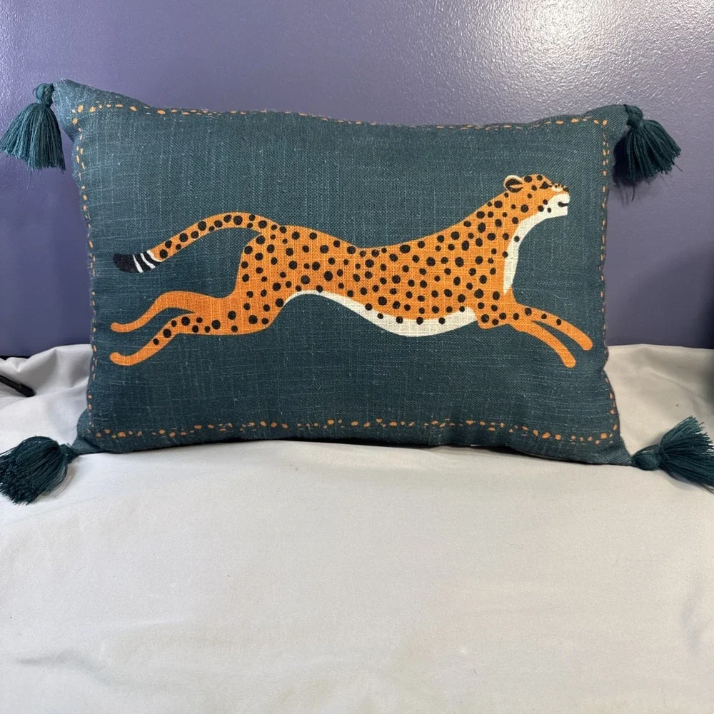 Green Teal Embroidered Leaping Cheetah Luxury Decorative Toss Pillow Tassels